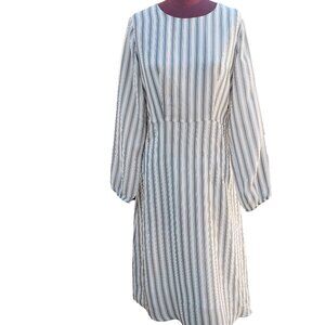 Second Female Dress Green Stripe Silk A Line Long Sleeve Crew Neck Small